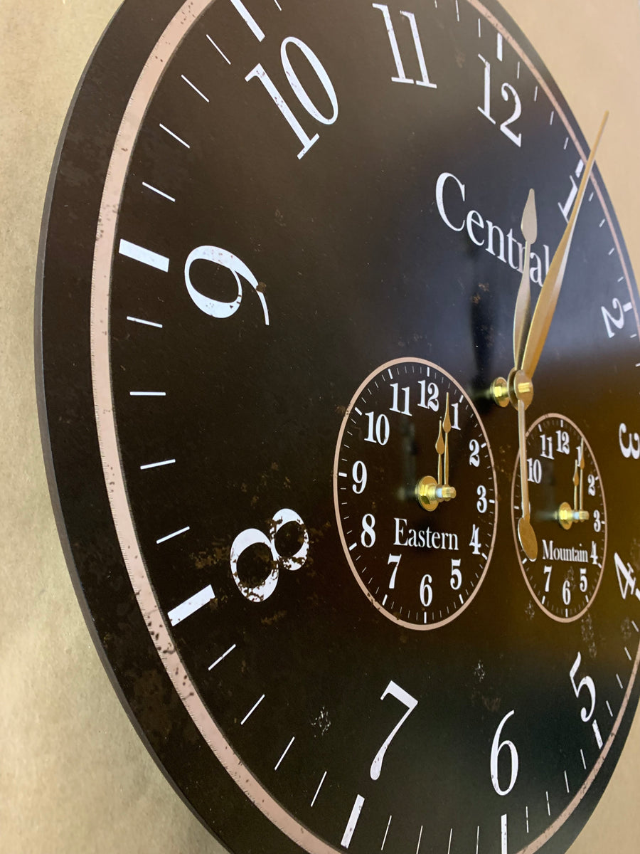 Custom Black Time Zone Clock- Multi Time Zone Display – Time Flies Clocks