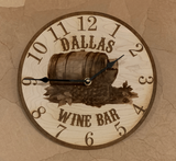 wooden wine bar clock hanging on a wall