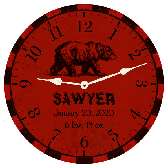 Personalized Animal Clock- Bear Nursery Clock with white hands